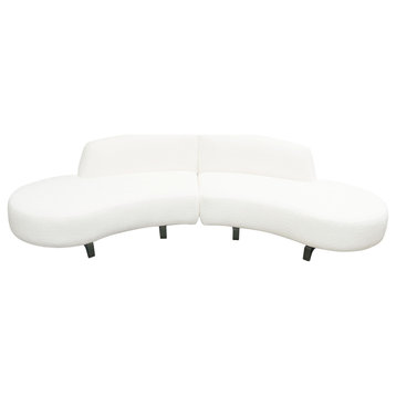 2 Piece Modular Curved Armless Chaise, Faux White Shearling, Black Wood Leg Base