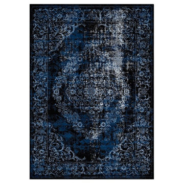 Country Farm Living Area Rug, Vintage, Antique Navy Blue