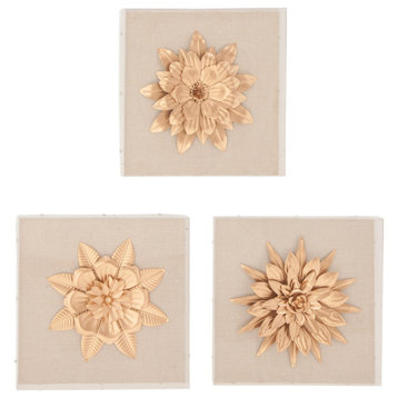 Set of 3 Contemporary 15" Square Wood and Iron Framed Flower Wall Art