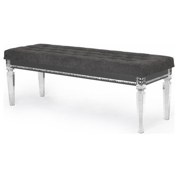 Lavish Gray Velvet Bedside Bench with Acrylic Legs