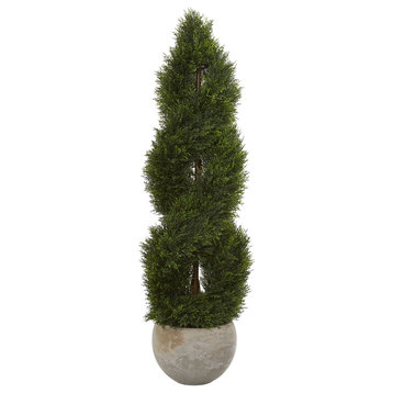 4' Double Pond Cypress Spiral Artificial Tree, Sand Colored Planter
