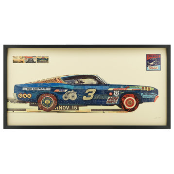Muscle Blue Car Dimensional Collage Framed Graphic Art Under Glass Wall Art