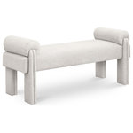 Meridian Furniture - Stefano Upholstered Bench, Beige - Banish boredom in your room's decor with this Stefano polyester fabric bench. The perfect bench to rest at the end of your bed in the master suite or in a spot of interest in the foyer or entryway, this lovely art deco seat has loads of room to sit while you pull on boots or take off shoes. The soft beige polyester fabric is lovely to the touch, and the rounded arm pillows give it an extra inviting feel.