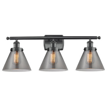 Large Cone 3-Light Bath Vanity-Light, Matte Black, Plated Smoke