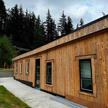 Aging cedar (wood) siding with brand-new cedar plank