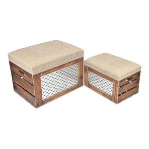 Set Of 2 Rectangular Wood Slat Storage Bench With Metal Accent And