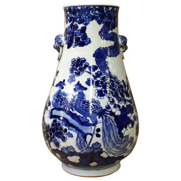 Consigned, Chinese Blue White Porcelain Flower Birds Graphic Vase