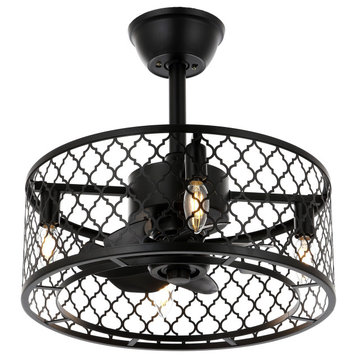 18" Modern 7-Blade Caged Ceiling Fan With Remote Control And Light Kit, Black