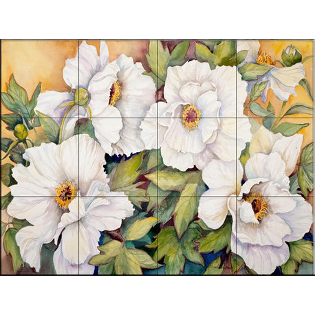 Tile Mural, Peonies Dressed In White by Joanne Porter