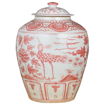 Legend of Asia Coral Bird Motif Small Red Ginger Jar 1398XS-R