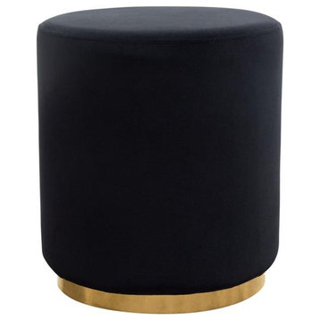 Sorbet Round Accent Ottoman, Black Velvet With Gold Metal Band Accent