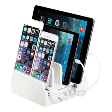 Compact Charging Station With Integrated 4-Port USB, White Leatherette, Without