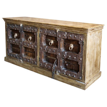 Consigned Rustic Two Tone Credenza, Handcarved Farmhouse Sideboard 85x37
