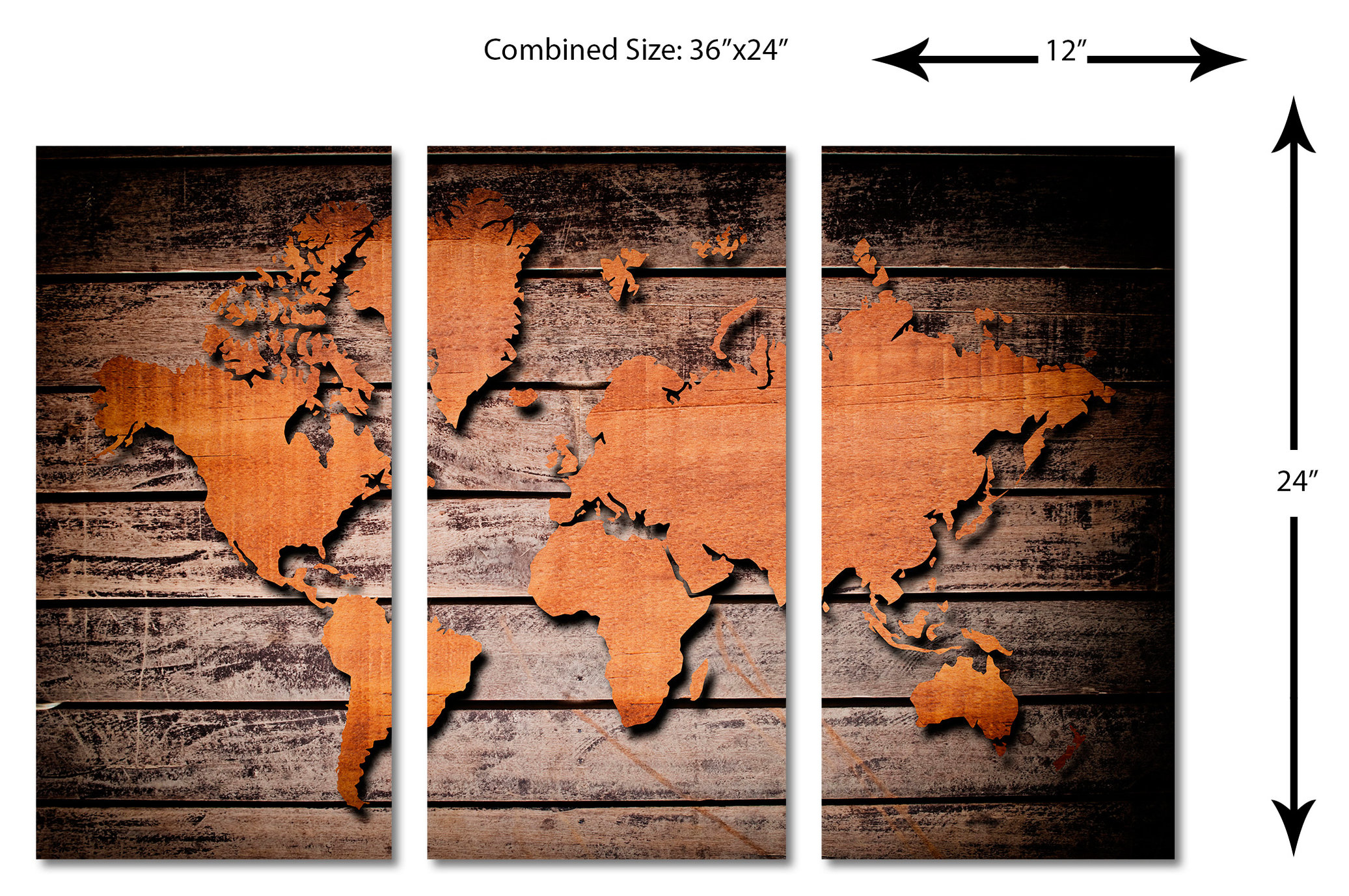 Wood Style World Map, Canvas Print, 3 Panel Split, Triptych Wall Art ...