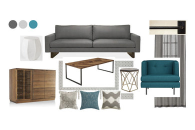 Inspiration for a mid-sized modern open concept light wood floor living room remodel in Los Angeles with a standard fireplace, a wall-mounted tv and white walls