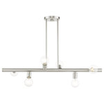 Livex Lighting - Brushed Nickel Modern, Urban, Scandinavian, Linear Chandelier - Simplicity and attention to detail are the key elements of the Bannister collection.  The dimensional form, exposed bulbs and combination of finishes adds a playful mood to a contemporary or urban interior. This six-light asymmetrical linear chandelier design gives a new face to a kitchen or dining room.  It is shown in a brushed nickel finish.