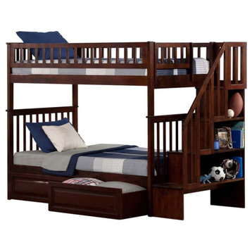 AFI Woodland Twin Over Twin Staircase Storage Solid Wood Bunk Bed in Walnut