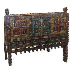 Mogul Interior - Consigned Antique Jaipur Wine Chest, Damchia Banjara Painted Tribal Sideboard - Buffets And Sideboards