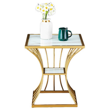 Gold/Black Tempered Glass Small Side Table with Iron Legs, Gold, L19.7"