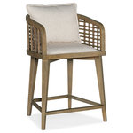Hooker Furniture - Sundance Barrel Back Counter Stool - Create a calming resort-inspired retreat in your home with the laid-back, 35-inch high Sundance Barrel Back Counter Stool. The appealing lattice design of the cane seat back combines with a loose back pillow and an upholstered seat covered in the Zuri Cream performance fabric to invite you to linger and relax. The legs, arms and footrest are finished in Cliffside, a rich brown finish with light burnishing on the edges, and the footrest has a Copper sheet for durability and an extra design detail.