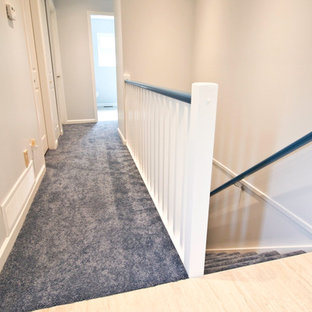 Exempel på en mellanstor klassisk hall, med vita väggar, heltäckningsmatta och blått golv