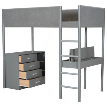 TATEUS Teddy Fleece Upholstered Loft Bed with Multi-functional Design  Twin Size, Gray
