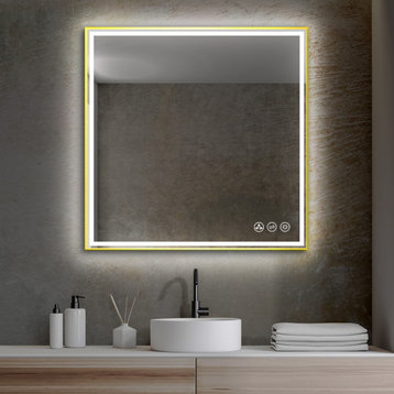 Fogless, Dimmable, Color Temperature Adjustable LED Mirror, Brush Gold, 36x36