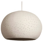 Lightexture - Ceiling Light: Large Claylight Pendant, Line Pattern, Led Bulb - A perforated white ceramic egg shaped symmetrical pendant light with an elegant braided cord and a matching ceramic ceiling plate.
