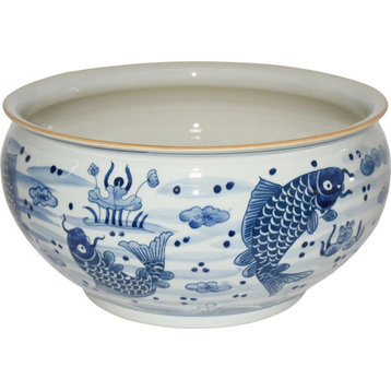 Orchid Bowl Planter Fish Motif Vase Blue White Ceramic Handmade Ha