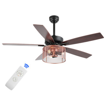 Max 52" 3-Light Farmhouse Industrial Iron/Wood App/Remote LED Ceiling Fan, Black/Red Cherry/Copper