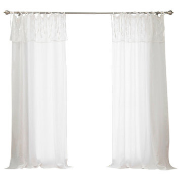 Abelia Belgian Flax Linen Curtain With Lace Valance, Ivory, 84"