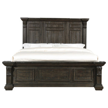 Queen Panel Bed, Nightstand & Large Dresser With Mirror, Distressed Dark Walnut