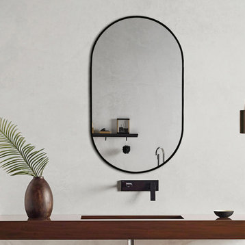Khristy Black Metal Framed Oval Wall Mirror with Dual Mounting Brackets