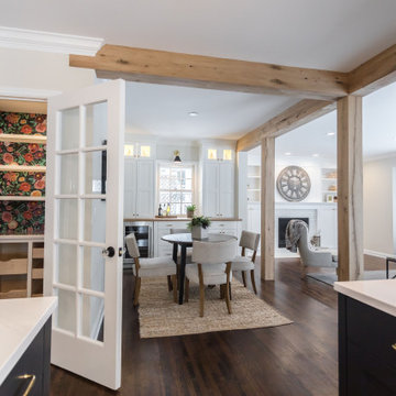 Antique White Oak Box Beams Framing an Open Concept Dining Room