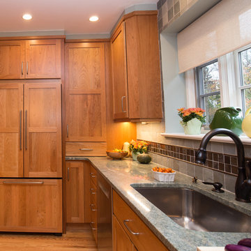 Warm Wood Kitchen Remodel | Natural Cherry Cabinetry, Granite Surfaces