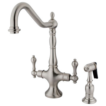 Kingston Brass 2-Handle Kitchen Faucet With Brass Sprayer, Brushed Nickel