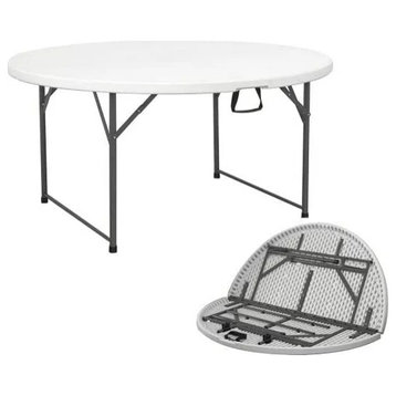Modern Folding Table, Steel Metal Frame With Waterproof Round White Plastic Top