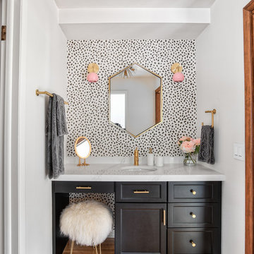 Black Vanity with Brass Hardware, Pink Accents