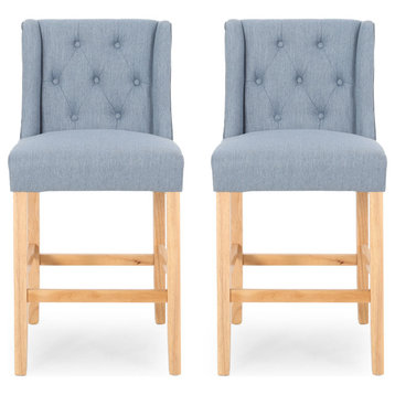 Katherine Button Tufted Fabric Wingback Counterstool, Set of 2, Light Blue/Natural