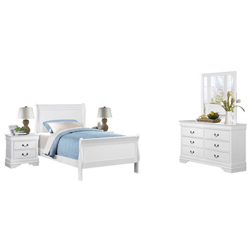 5-Piece Modern Full Sleigh Bed, Dresser, Mirror, 2 Nightstand White