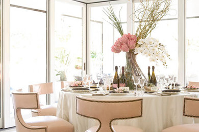 Large transitional ceramic tile and white floor enclosed dining room photo in Dallas with white walls and no fireplace