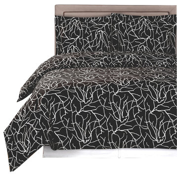 Ema Printed 100% Cotton Duvet Cover Set, Black and White, Full/Queen