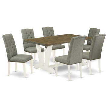 East West Furniture V-Style 7-piece Wood Dining Table Set in Linen White/Smoke