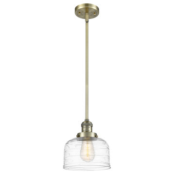Large Bell 1 Light Mini Pendant, Antique Brass, Clear Deco Swirl