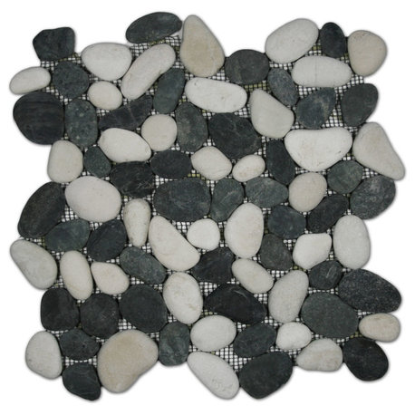 Natural River Stone, Black & White Pebbles, 12x12 Mesh Backing for Showers