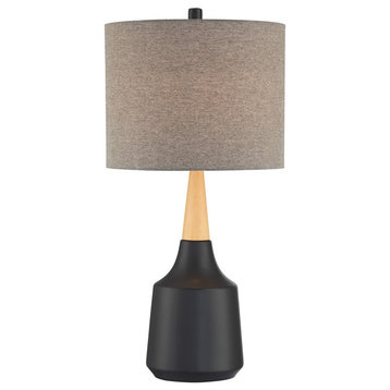 Table Lamp, Two Tone Black Ceramic Wood With Grey Fabric Shade