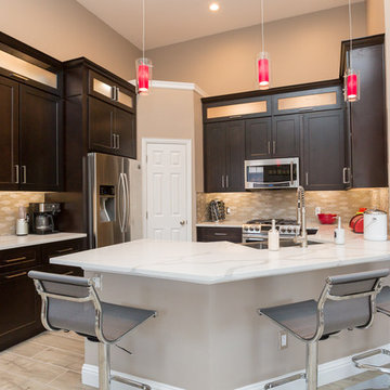 Kitchen | Modern Espresso Cabinets | Glass Mosaic Tile & Quartz Marble