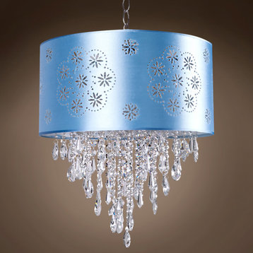 1 Light Blue Drum Shade Pendant With Clear Swarovski Crystals, Chrome