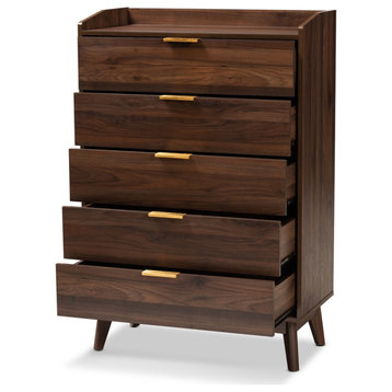 Mid-Century Modern Walnut Brown Finished 5-Drawer Wood Chest