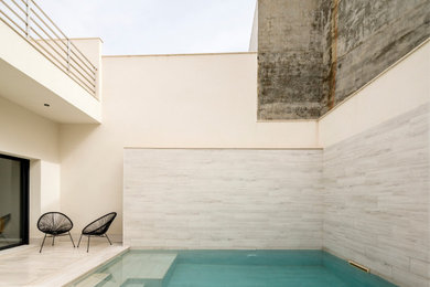 Diseño de piscina alargada minimalista de tamaño medio rectangular en patio trasero con paisajismo de piscina y suelo de baldosas